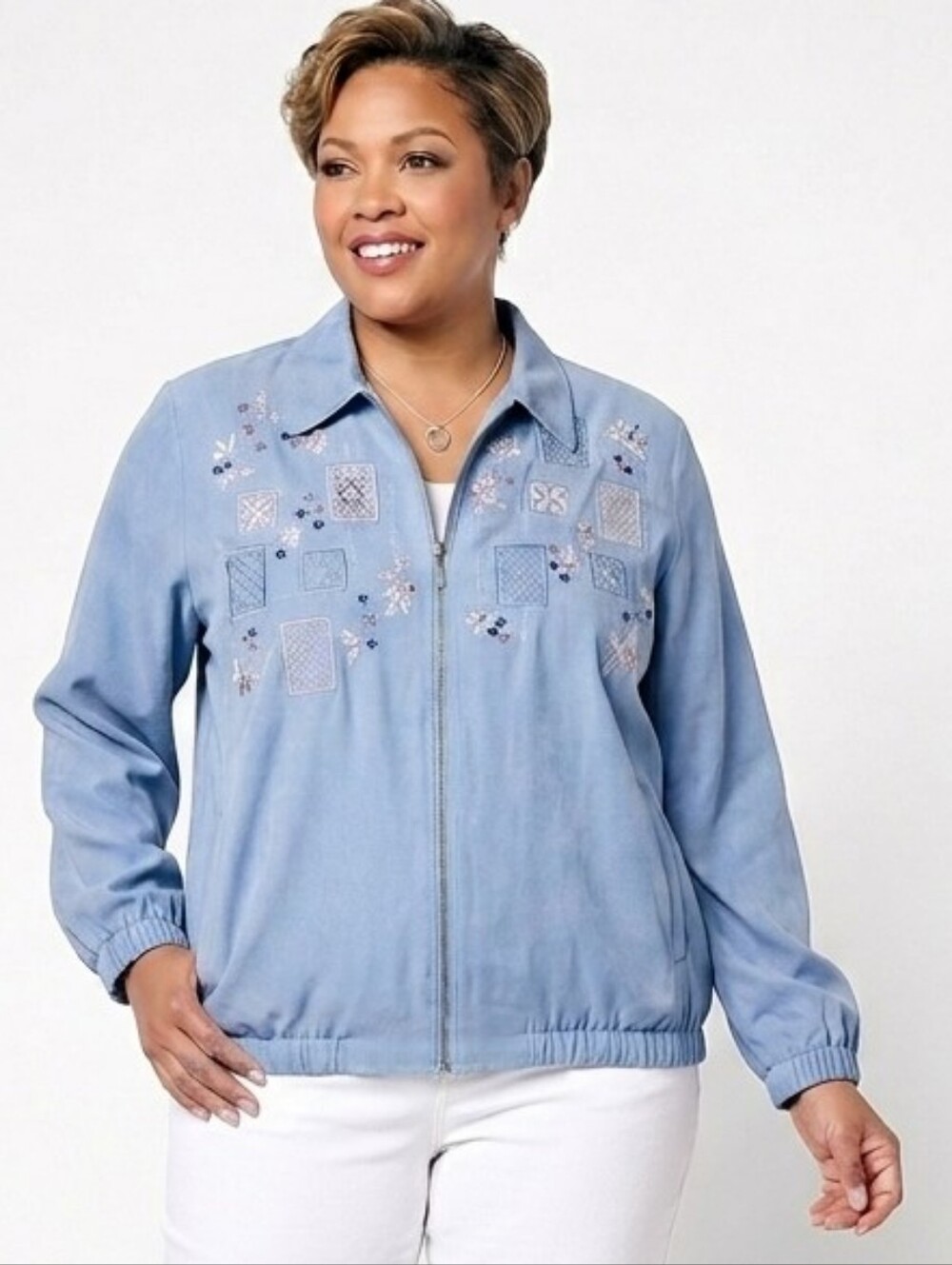 Alfred Dunner Ultra Suede Zippered Jacket Embroidered Patchwork Baby Blue 24W
